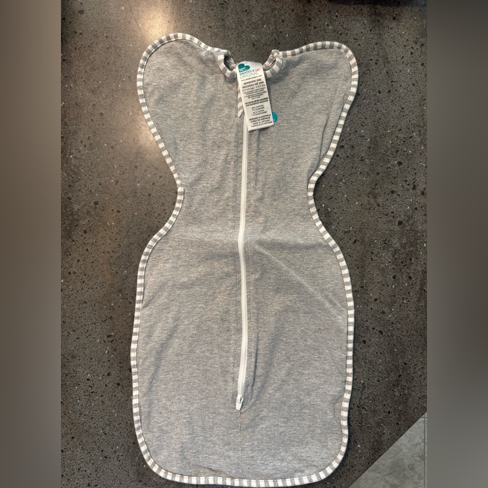 Love to Dream Gray Baby Swaddle with Striped Trim Size Newborn